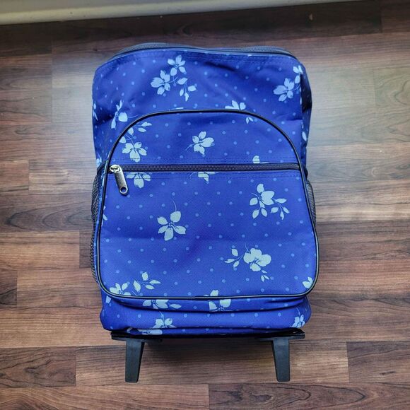 Rolling Insulated Blue Cooler Bag Tote Floral Zip Top Front Pouch Side Pockets - Picture 1 of 10